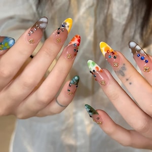 Psychedelic Dot & Gold Liquid Metal Press-On Nails/Gothic nails /Hand painted Fake Nails/luxury press on nails/y2k nails/abstract nails
