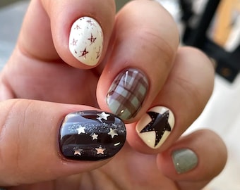 Uñas de cuadros vintage/Uñas postizas de otoño/invierno/Uñas Millard/Uñas de cuadros/Uñas pintadas a mano/Uñas de estrellas/Uñas cortas/Uñas vintage