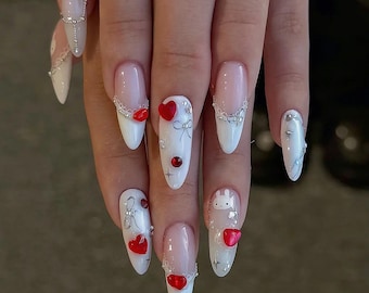 Miffy Coquette Press-On Nails – Medium Almond Soft Pink Bunny Nails, Kawaii Handmade Gel Nails, Reusable Cute Nail