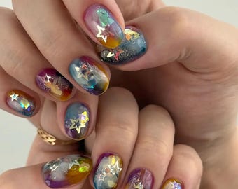 Rainbow Ombre Star Press On Nails | Colorful Ombre  Nail Set | Summer Ombre Nail Design | Bold & Fiery Short Nail，Reusable Nails, Fake Nails
