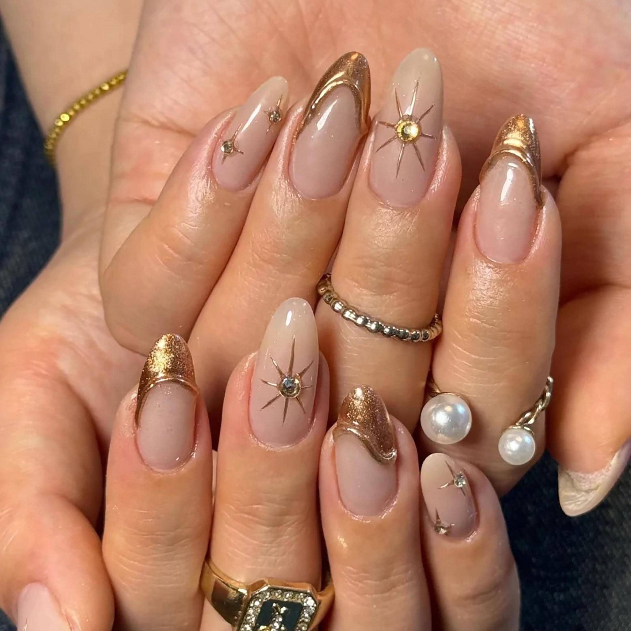 Gold 3D Chrome Nails/Gold French Press On Nails/Sun star nails/Pink Nails/Daily nails/Minimalist nails/Gold Wedding Nails/Birthday Nails