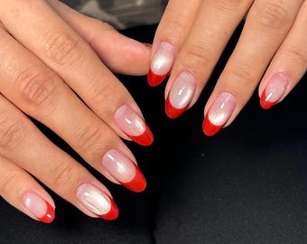 Red French cat eye manicure/romantic style/hand-painted manicure/burgundy French cat eye manicure/summer manicure/temperament manicure