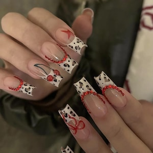 Leopard Print With Cherry Star Nail/Custom Design Nail Art/Fake Nail for Birthday/ Holiday Nail/Acrylic Nails/ Press on Nail/Gift For Her