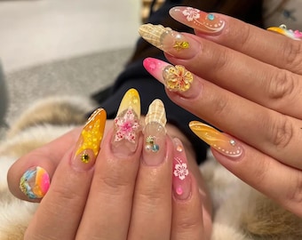Uñas postizas con efecto brisa playera, diseño de concha de plumeria 3D, estrellas de mar de verano, diseño de coral rosa, uñas para vacaciones en la costa