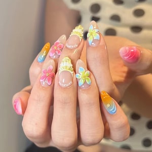 Summer Tropical Vibes Press On Nails, Island-Inspired Press On Nails, Pink Ombré Nails, 3D floral pink nails,Handmade Beach Press On Nails