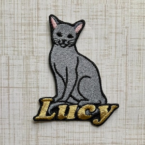 Personalized Russian Blue Cat Patch: Custom Embroidered Iron-On Applique Gift for Cat Lovers