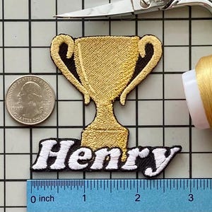 Personalized Trophy Patch/Custom Name/Iron-on 3&quot;(W) by 2 3/4&quot;(H)/Fun Badge/Decorative Embroidered Applique/Winner Gift/Hero/Champion