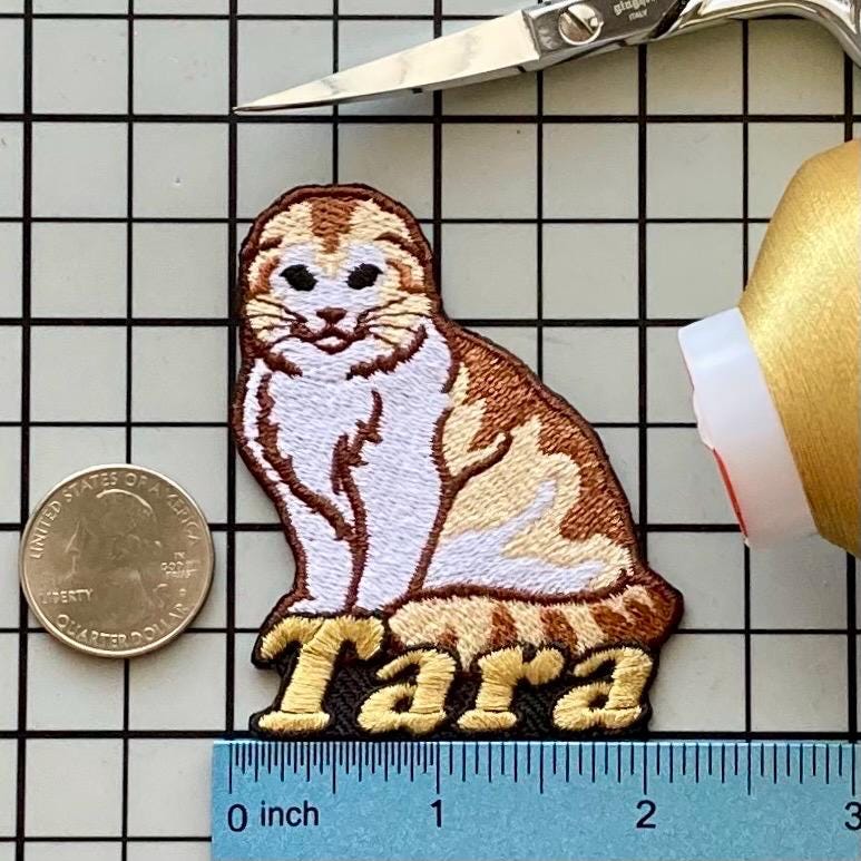 イギリスヴィンテージ 猫の刺繍ワッペン ボリュームスリーブトップス スコティッシュフォールド猫の名入れワッペン：猫好きのためのカスタム