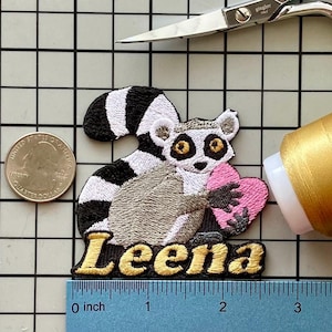Personalized Lemur Patch/Custom Name/Iron-on 2 3/4&quot;(W) by 2 1/2&quot;(H)/Fun Badge/Decorative Embroidered Applique/Animal Lover Gift/Cute Design