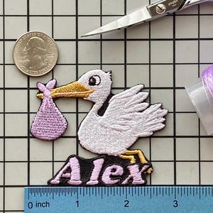 Personalized Stork Name Patch: Custom Embroidered Iron-On Applique