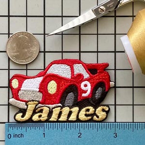 Personalized Race Car Patch/Custom Name/Iron-on 3&quot;(W) by 1 3/4&quot;(H)/Fun Badge/Decorative Embroidered Applique/Racing Fan Gift/Driving