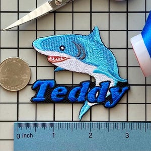 Personalized Shark Patch/Custom Name/Iron-on 2 1/2"(W) by 3"(H)/Fun Badge/Decorative Embroidered Applique/Animal Lover Gift/Cute Design
