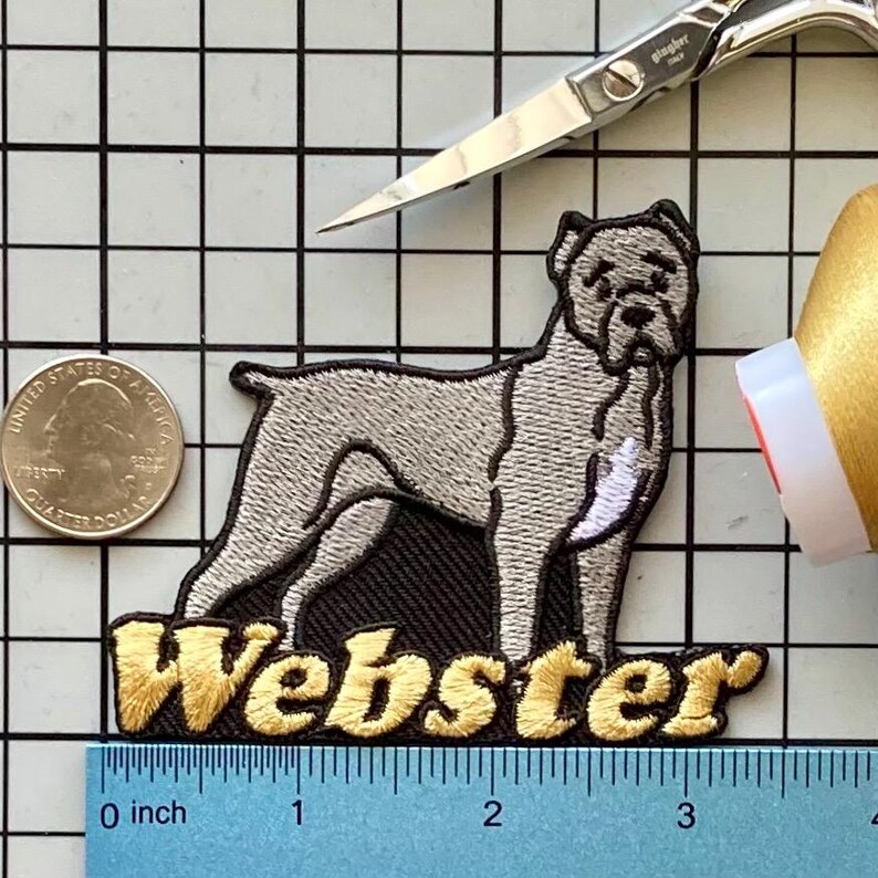 Personlig Cane Corso Hundmärke: Anpassad broderad stryk-på applikation Cane Corso Grey