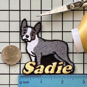 Personalized Boston Terrier Dog Patch/Custom Name/Iron-on 2 1/2&quot; (W) by 2 3/4&quot; (H)/Fun Badge/Decorative Embroidered Applique/Dog Lover Gift