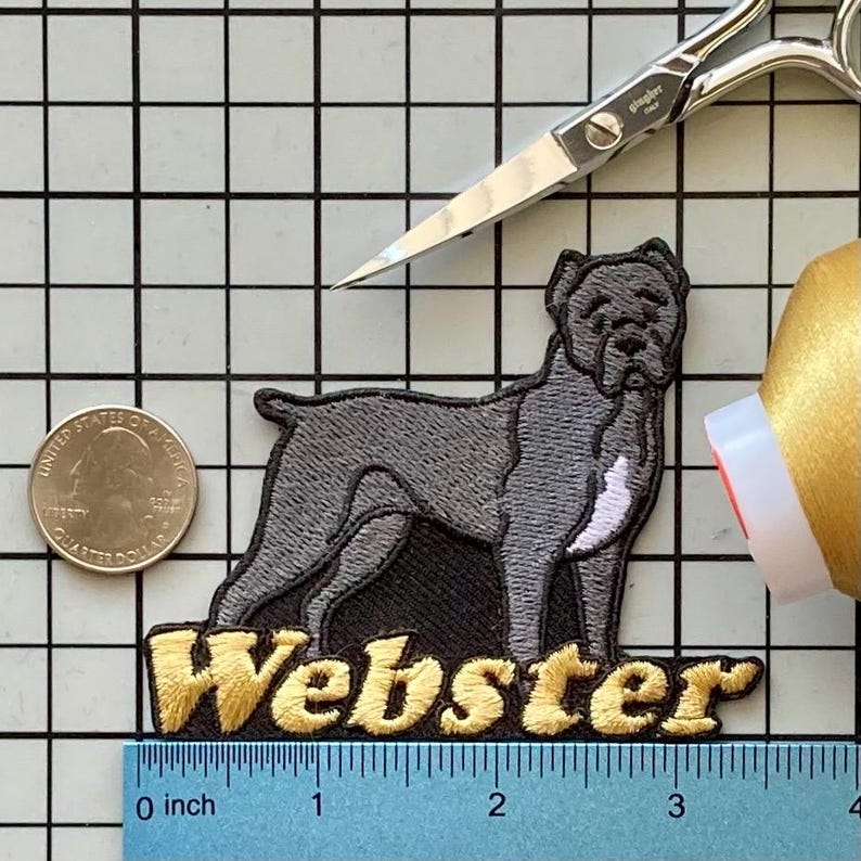 Personlig Cane Corso Hundmärke: Anpassad broderad stryk-på applikation Cane Corso Black