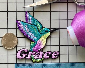 Parche de colibrí personalizado con nombre: aplique termoadhesivo bordado personalizado
