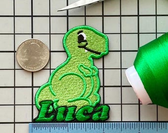 Personalized Dinosaur Patch/Custom Name/Iron-on 3&quot;(W) by 2 3/4&quot;(H)/Fun Badge/Decorative Embroidered Applique/Animal Lover Gift/Cute Design