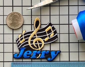 Personalized Music Patch/Custom Name/Iron-on 2 1/2&quot;(W) by 2 1/4&quot;(H)/Fun Badge/Decorative Embroidered Applique/Music Lover Gift/Band