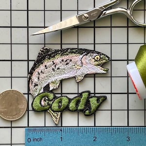 Personalized Rainbow Trout Name Patch: Custom Embroidered Iron-On Applique