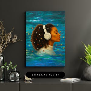 May include: A vertical poster featuring a profile illustration of a person with dark curly hair wearing white over-ear headphones. The background is a textured blue and teal abstract pattern with small floating triangles. Text reads INSPIRING POSTER.