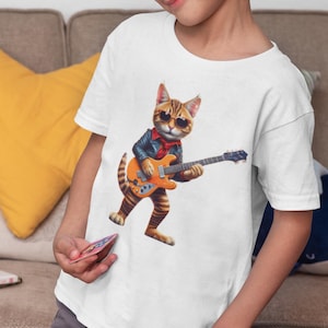 Rock Star Cat Kids Tee, Fun Cartoon T-Shirt, Music Lover Gift, Birthday Gift, Cute Pet Shirt, Cute Cat Guitar, Cute Cat Lover T-Shirt