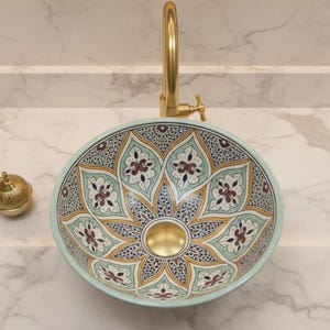 Marokańska ceramiczna umywalka nablatowa, ręcznie malowana umywalka łazienkowa, umywalka łazienkowa w stylu boho spa, luksusowa umywalka łazienkowa, wystrój łazienki w stylu śródziemnomorskim