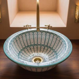 Hand Painted Moroccan Ceramic Vessel Sink – Blue White Boho Farmhouse Wash Basin