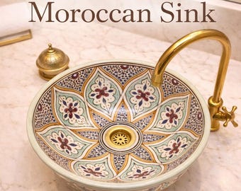 Lavabo marroquí pintado a mano, lavabo marroquí de cerámica, lavabo de baño, lavabo de tocador, decoración bohemia, lavabo artesanal hecho a mano.