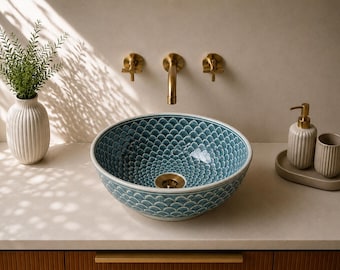 Teal Blau Gefäß Waschbecken Handgefertigte Keramik Badezimmer Waschbecken Küsten Luxus Waschtisch Becken