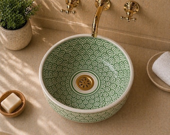 Lavabo de cerámica verde pintado a mano para baño, lavabo de estilo bohemio, lavabo decorativo redondo para encimera.