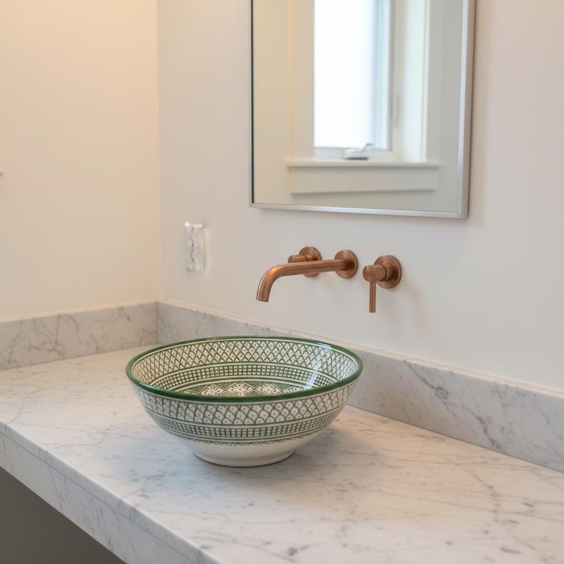 Handmade Ceramic Moroccan Vessel Sink – Green Boho Bathroom Vanity Wash Basin image 3