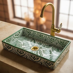 Green Moroccan Ceramic Vessel Sink, Handmade Hand Painted Rectangular Vanity, Luxury Spa Bathroom, Artisan Mediterranean Decor