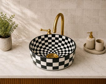 Lavabo de cerámica a cuadros, lavabo de baño blanco y negro, lavabo de tocador de cerámica hecho a mano, lavabo moderno de tablero de ajedrez, decoración de baño de lujo
