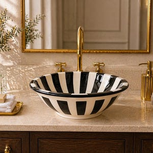 May include: A black and white striped ceramic vessel sink with a gold faucet and fixtures. The sink is set on a light-colored countertop with a gold-framed mirror in the background. A soap dispenser and small potted plant are also visible.