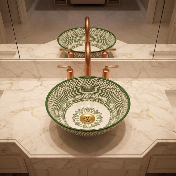 Handmade Ceramic Moroccan Vessel Sink – Green Boho Bathroom Vanity Wash Basin