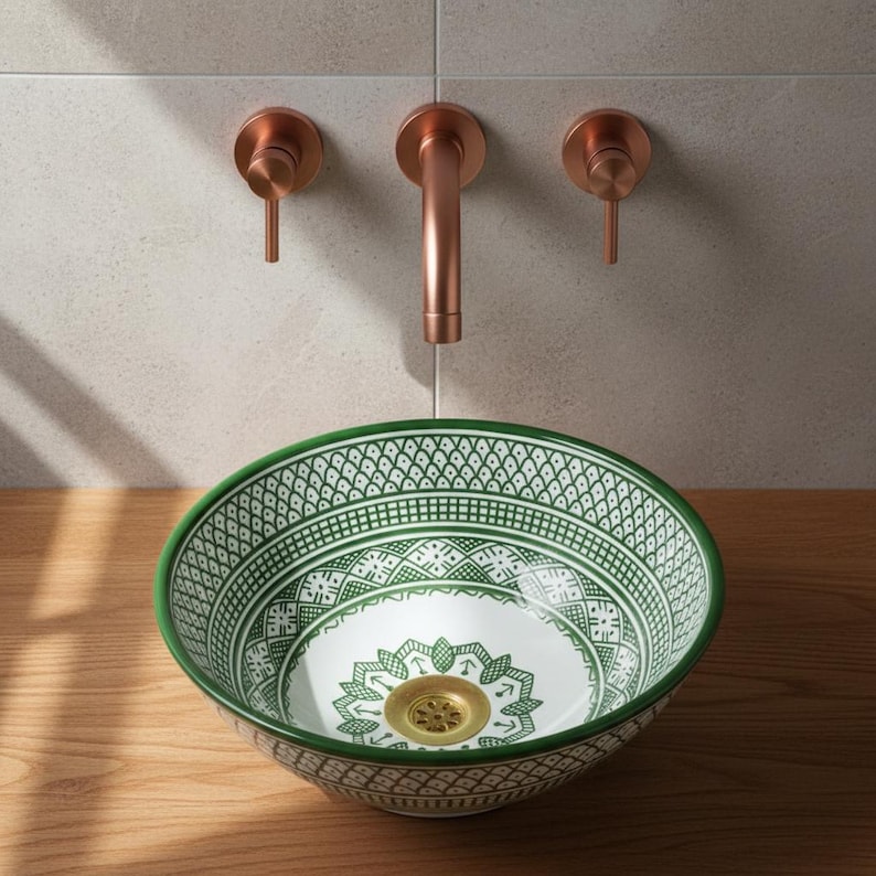 Handmade Ceramic Moroccan Vessel Sink – Green Boho Bathroom Vanity Wash Basin image 2