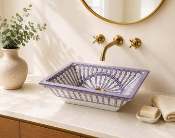 Purple Moroccan Ceramic Sink, Rectangular Hand Painted Vessel Basin, Lavender Art Deco Fan Countertop Bathroom Sink