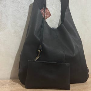 Handmade Black Leather Tote Bag with Zipper Pouch: Soft Genuine Leather