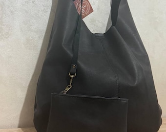 Handmade Black Leather Tote Bag with Zipper Pouch: Soft Genuine Leather