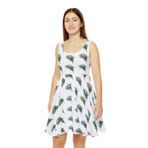 Tropical Botanical Eucalyptus Leaf Dress, Women&#39;s Summer Sleeveless Beach Dress, Leaf Print Garden Party Outfit, Flowy Cocktail Dress,