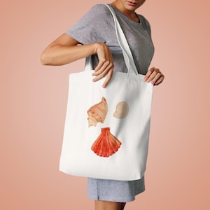 Coastal Shells Cotton Tote Bag - Beach Vibes, Summer Tote, Eco-Friendly Shopping Bag, Ocean Lover Gift, Nautical Shoulder Bag, Seashell