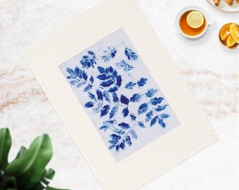 Organic Cotton Tea Towel: Blue Botanical Floral Print Kitchen Decor