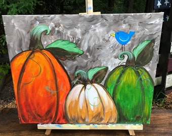 Pumpkins and blue bird fall wall art acrylic canvas landscape original painting!