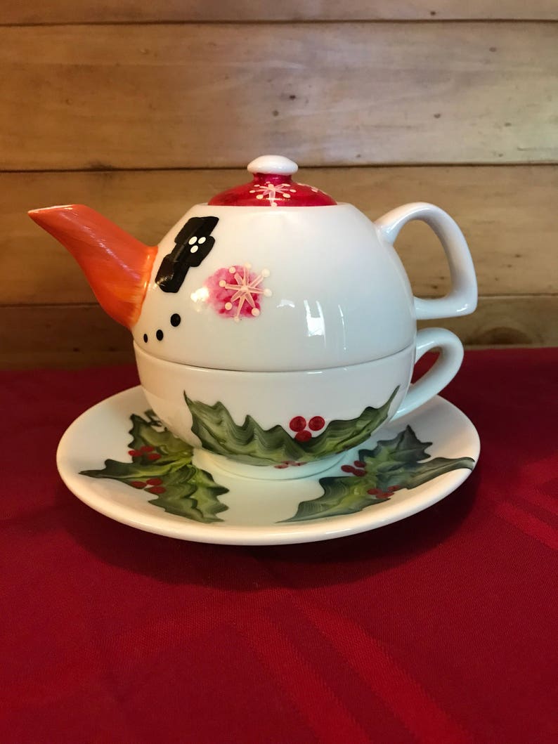 Tea for One Teapot Holly Berries Snowman Etsy