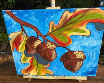 Acorns and Fall leaves wall art acrylic canvas in a brilliant blue marbled sky landscape Canvas original painting