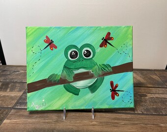 Tropical Frog and Dragonflies Canvas Wall Art Acrylic Painting