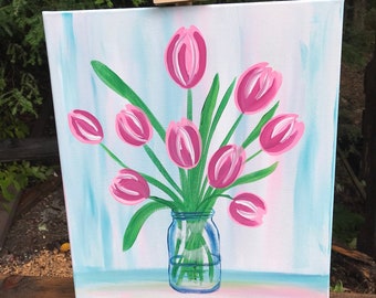 Tulip wall art Acrylic painting pink and white Tulips in a blue glass ball jar flower arangement pastel colors still life hand painted