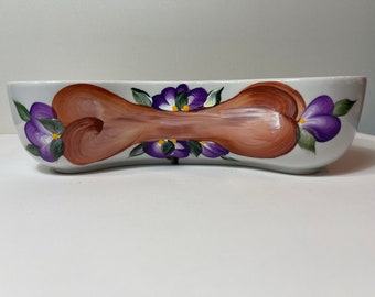 Bone shaped porcelain pet feeding and watering dish all in one purple violets  with  bone hand painted personalized FREE