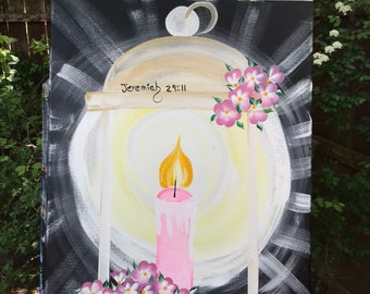 Canvas Acrylic painting Breast cancer awareness Lantern