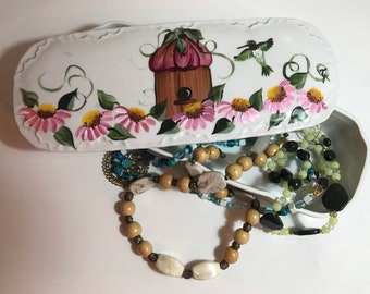 Porcelain jewelry box bird house and cone flower  antique replica glove box